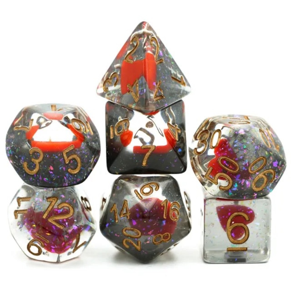 NIB 7-piece heart TTRPG dice with gold ink